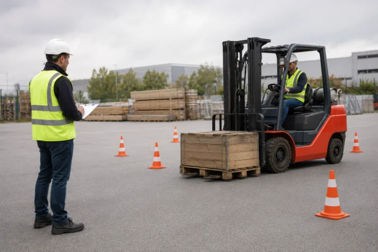 Examen de certification IS-001 : évaluation pratique de la conduite d'un chariot élévateur à fourche